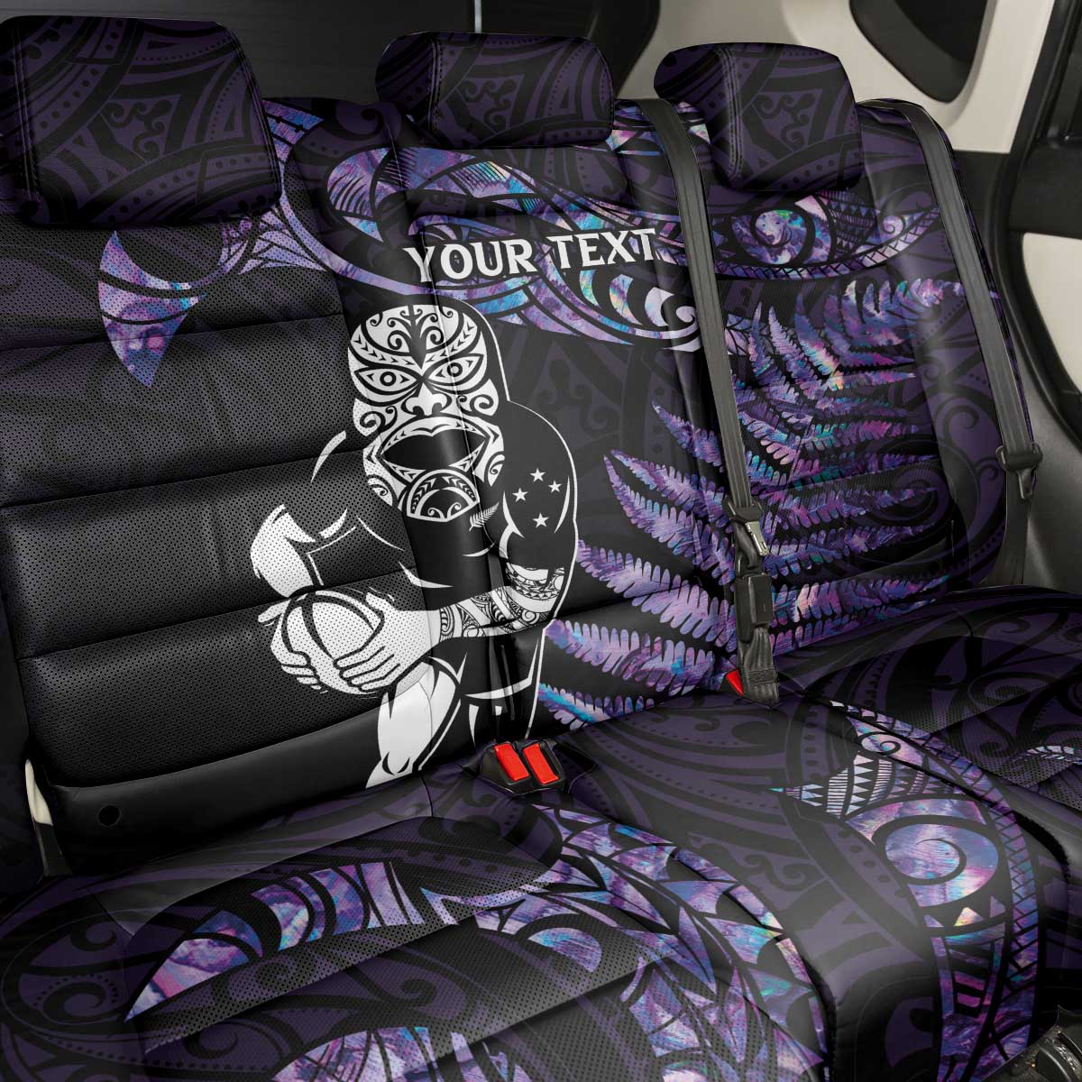 New Zealand Maori Rugby Personalised Back Car Seat Cover Ta Moko Silver Fern - Paua Purple LT7 - Polynesian Pride
