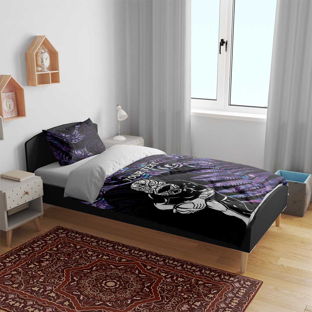 New Zealand Maori Rugby Personalised Bedding Set Ta Moko Silver Fern - Paua Purple