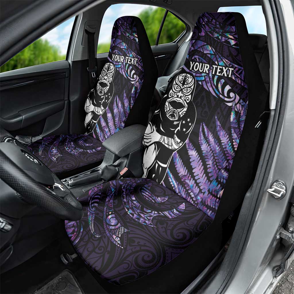 New Zealand Maori Rugby Personalised Car Seat Cover Ta Moko Silver Fern - Paua Purple LT7 - Polynesian Pride