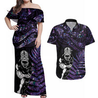 New Zealand Maori Rugby Personalised Couples Matching Off Shoulder Maxi Dress and Hawaiian Shirt Ta Moko Silver Fern - Paua Purple LT7 Purple - Polynesian Pride