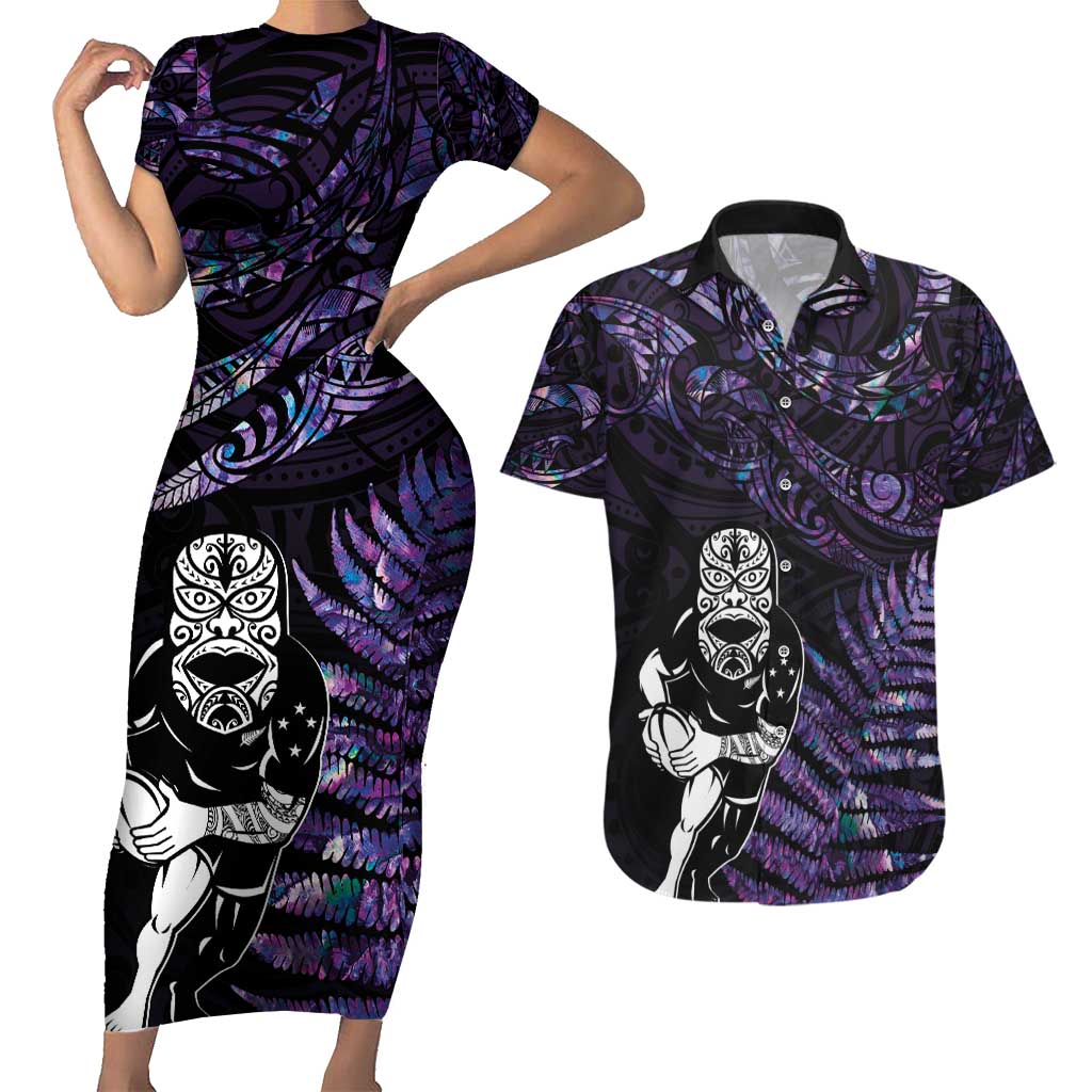 New Zealand Maori Rugby Personalised Couples Matching Short Sleeve Bodycon Dress and Hawaiian Shirt Ta Moko Silver Fern - Paua Purple LT7 Purple - Polynesian Pride