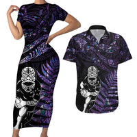 New Zealand Maori Rugby Personalised Couples Matching Short Sleeve Bodycon Dress and Hawaiian Shirt Ta Moko Silver Fern - Paua Purple LT7 Purple - Polynesian Pride