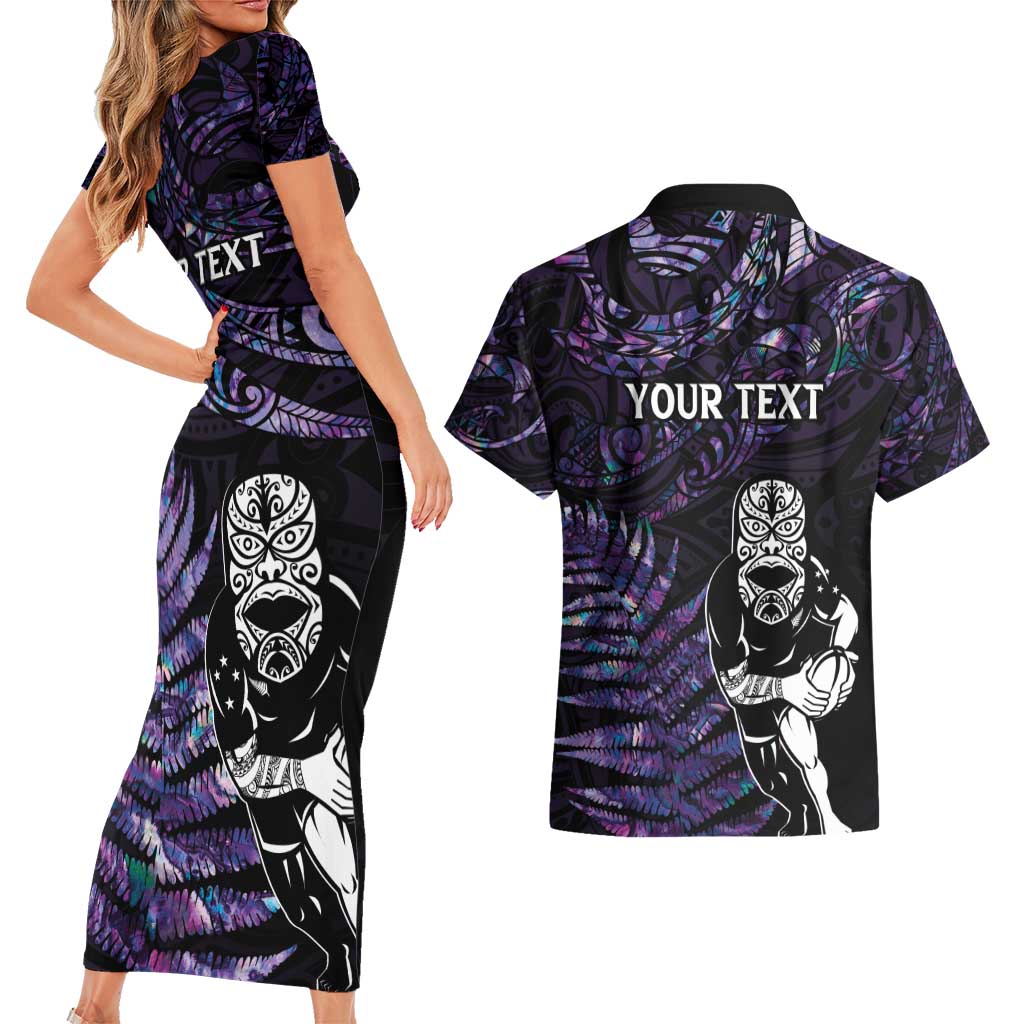 New Zealand Maori Rugby Personalised Couples Matching Short Sleeve Bodycon Dress and Hawaiian Shirt Ta Moko Silver Fern - Paua Purple LT7 - Polynesian Pride