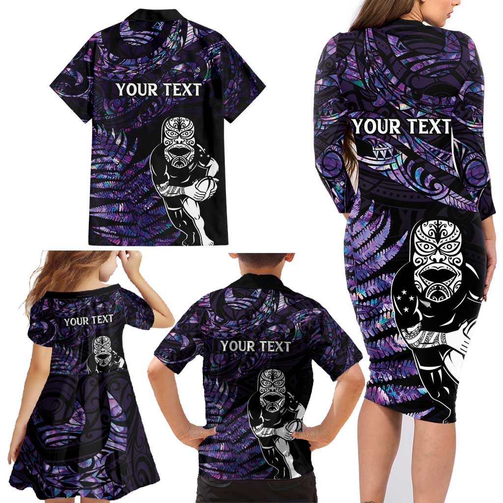 New Zealand Maori Rugby Personalised Family Matching Long Sleeve Bodycon Dress and Hawaiian Shirt Ta Moko Silver Fern - Paua Purple LT7 - Polynesian Pride