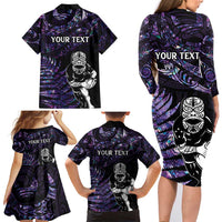 New Zealand Maori Rugby Personalised Family Matching Long Sleeve Bodycon Dress and Hawaiian Shirt Ta Moko Silver Fern - Paua Purple LT7 - Polynesian Pride
