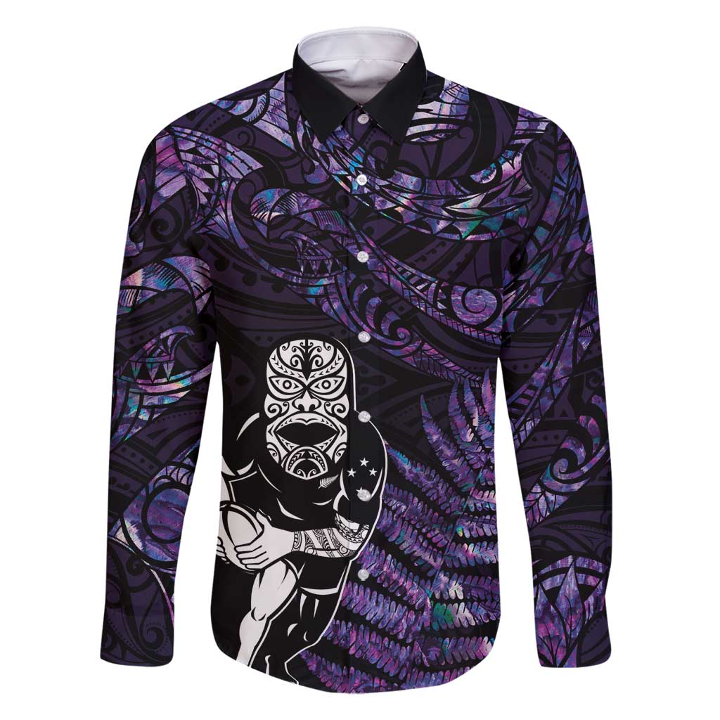 New Zealand Maori Rugby Personalised Family Matching Long Sleeve Bodycon Dress and Hawaiian Shirt Ta Moko Silver Fern - Paua Purple LT7 Dad's Shirt - Long Sleeve Purple - Polynesian Pride