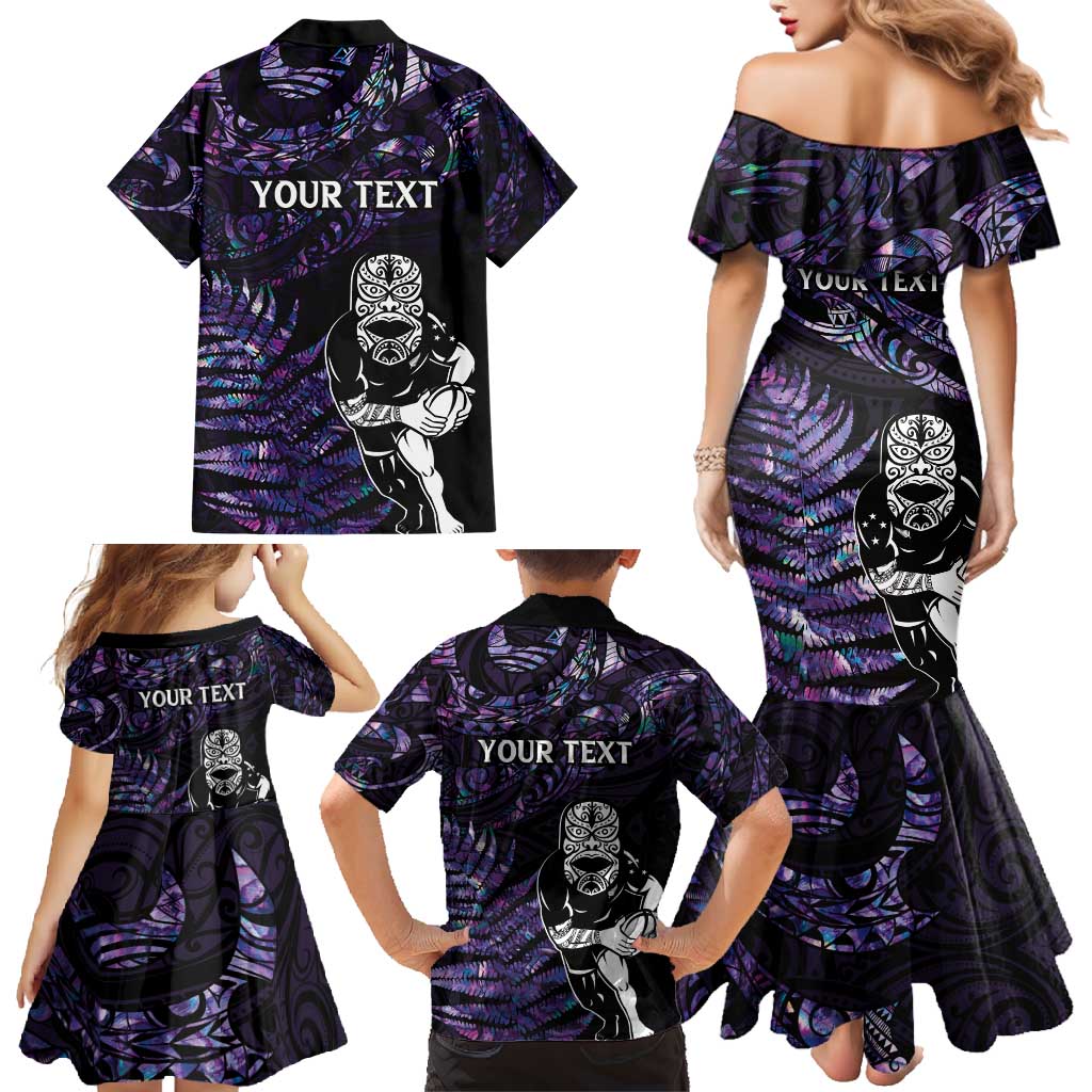 New Zealand Maori Rugby Personalised Family Matching Mermaid Dress and Hawaiian Shirt Ta Moko Silver Fern - Paua Purple LT7 - Polynesian Pride
