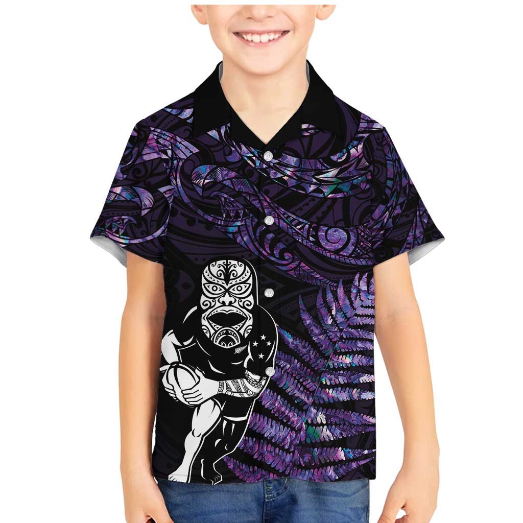 New Zealand Maori Rugby Personalised Family Matching Mermaid Dress and Hawaiian Shirt Ta Moko Silver Fern - Paua Purple LT7 Son's Shirt Purple - Polynesian Pride