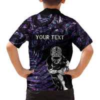New Zealand Maori Rugby Personalised Family Matching Off The Shoulder Long Sleeve Dress and Hawaiian Shirt Ta Moko Silver Fern - Paua Purple LT7 - Polynesian Pride