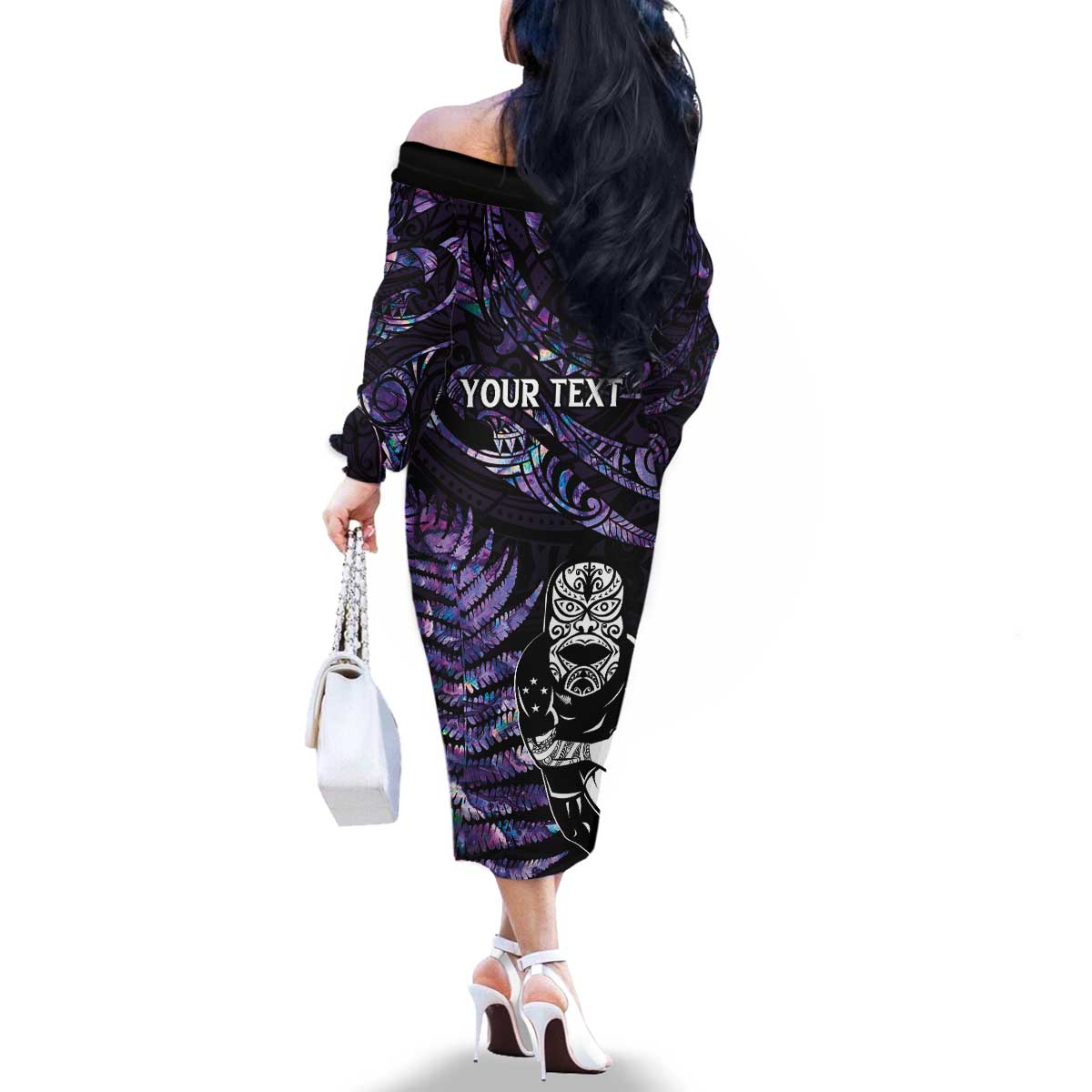 New Zealand Maori Rugby Personalised Family Matching Off The Shoulder Long Sleeve Dress and Hawaiian Shirt Ta Moko Silver Fern - Paua Purple LT7 - Polynesian Pride