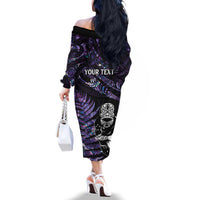 New Zealand Maori Rugby Personalised Family Matching Off The Shoulder Long Sleeve Dress and Hawaiian Shirt Ta Moko Silver Fern - Paua Purple LT7 - Polynesian Pride