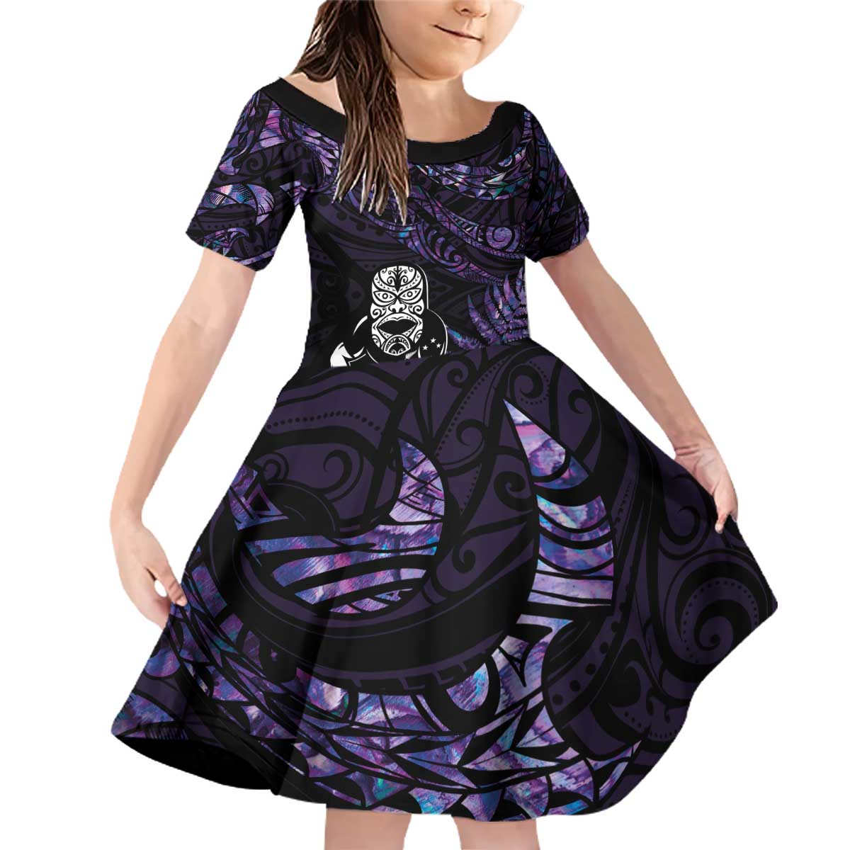 New Zealand Maori Rugby Personalised Family Matching Off Shoulder Short Dress and Hawaiian Shirt Ta Moko Silver Fern - Paua Purple LT7 Daughter's Dress Purple - Polynesian Pride