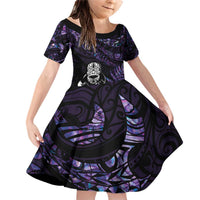 New Zealand Maori Rugby Personalised Family Matching Off Shoulder Short Dress and Hawaiian Shirt Ta Moko Silver Fern - Paua Purple LT7 Daughter's Dress Purple - Polynesian Pride