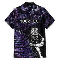 New Zealand Maori Rugby Personalised Family Matching Off Shoulder Short Dress and Hawaiian Shirt Ta Moko Silver Fern - Paua Purple LT7 - Polynesian Pride