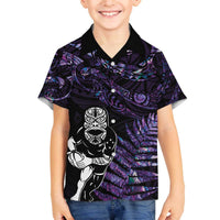 New Zealand Maori Rugby Personalised Family Matching Off Shoulder Short Dress and Hawaiian Shirt Ta Moko Silver Fern - Paua Purple LT7 Son's Shirt Purple - Polynesian Pride