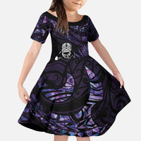 New Zealand Maori Rugby Personalised Family Matching Puletasi and Hawaiian Shirt Ta Moko Silver Fern - Paua Purple LT7 Daughter's Dress Purple - Polynesian Pride