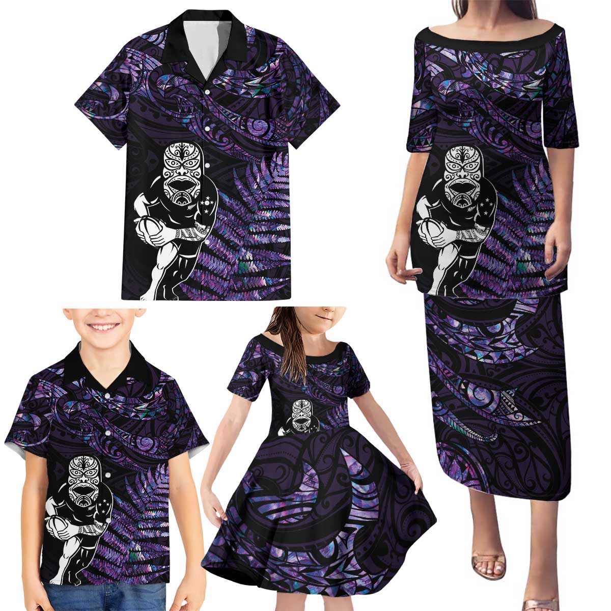 New Zealand Maori Rugby Personalised Family Matching Puletasi and Hawaiian Shirt Ta Moko Silver Fern - Paua Purple LT7 - Polynesian Pride