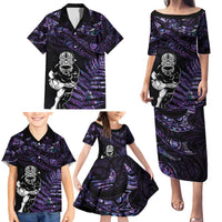 New Zealand Maori Rugby Personalised Family Matching Puletasi and Hawaiian Shirt Ta Moko Silver Fern - Paua Purple LT7 - Polynesian Pride