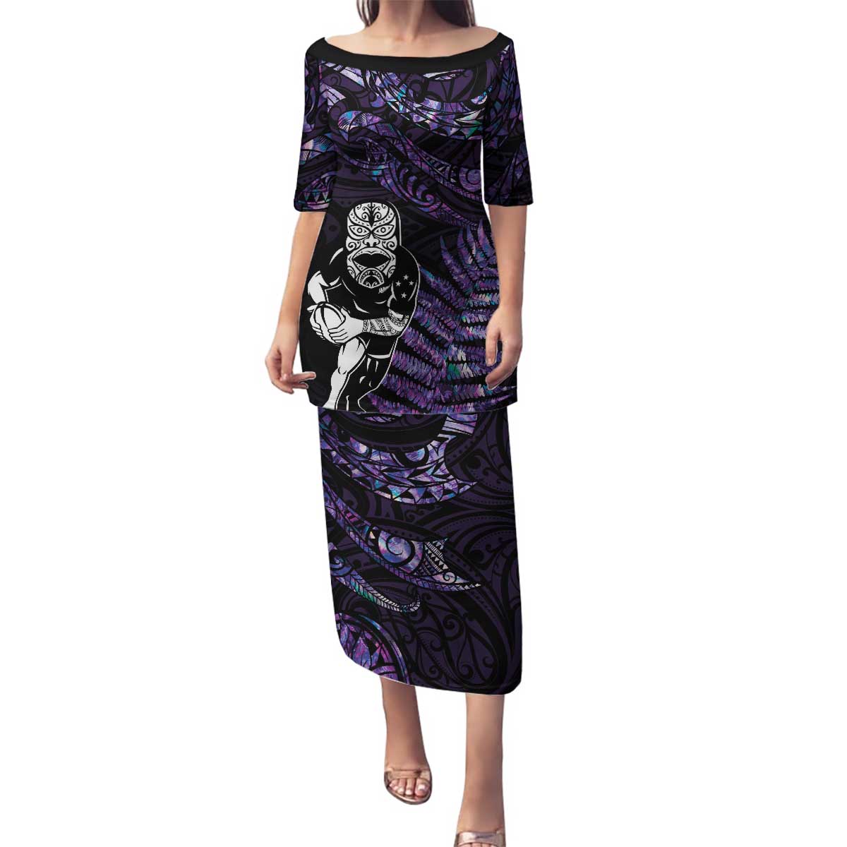 New Zealand Maori Rugby Personalised Family Matching Puletasi and Hawaiian Shirt Ta Moko Silver Fern - Paua Purple LT7 Mom's Dress Purple - Polynesian Pride