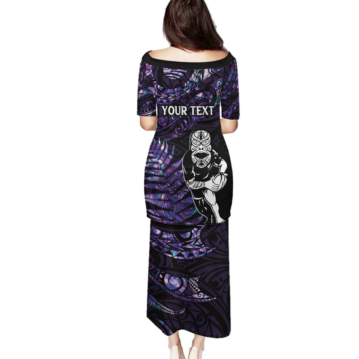 New Zealand Maori Rugby Personalised Family Matching Puletasi and Hawaiian Shirt Ta Moko Silver Fern - Paua Purple LT7 - Polynesian Pride