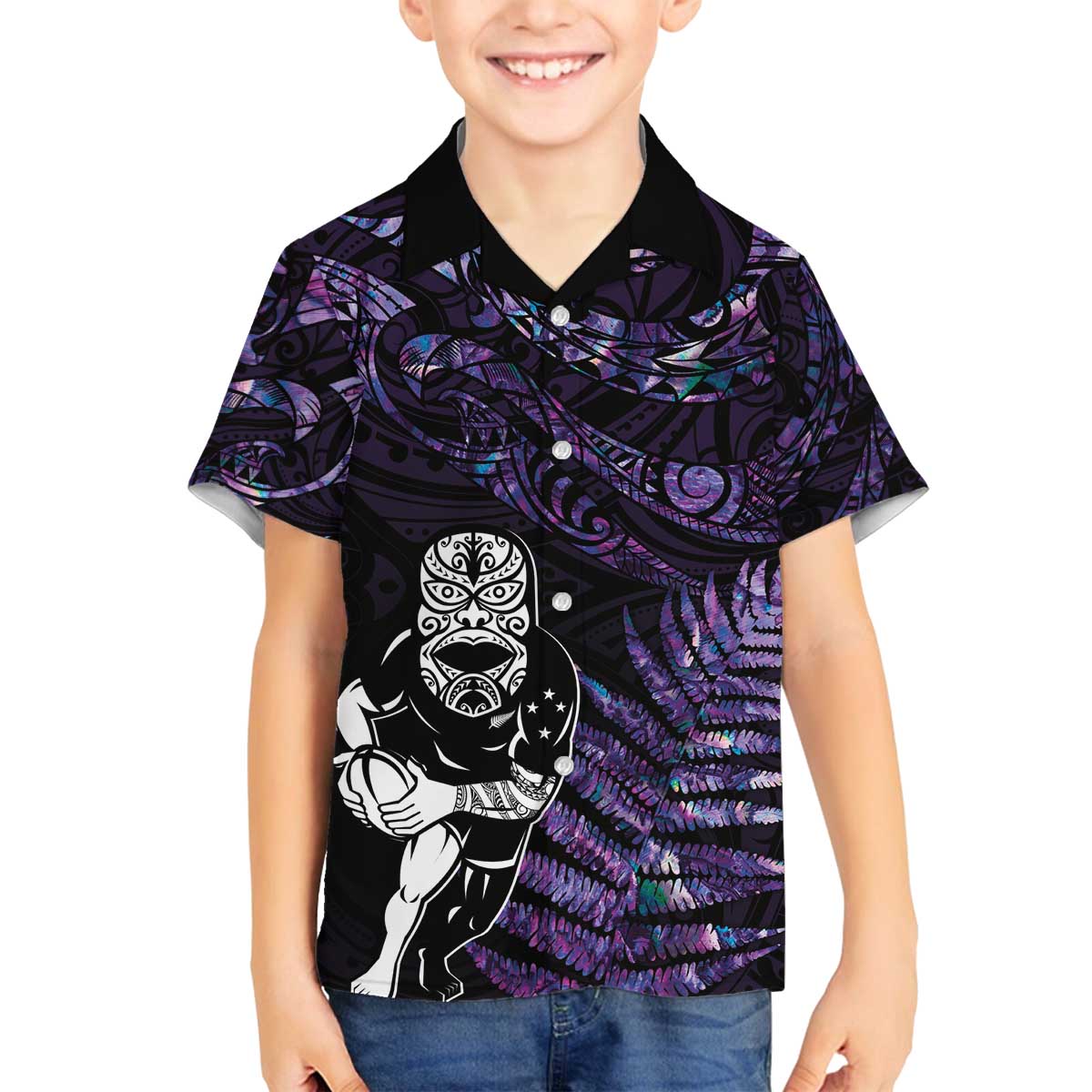 New Zealand Maori Rugby Personalised Family Matching Puletasi and Hawaiian Shirt Ta Moko Silver Fern - Paua Purple LT7 Son's Shirt Purple - Polynesian Pride