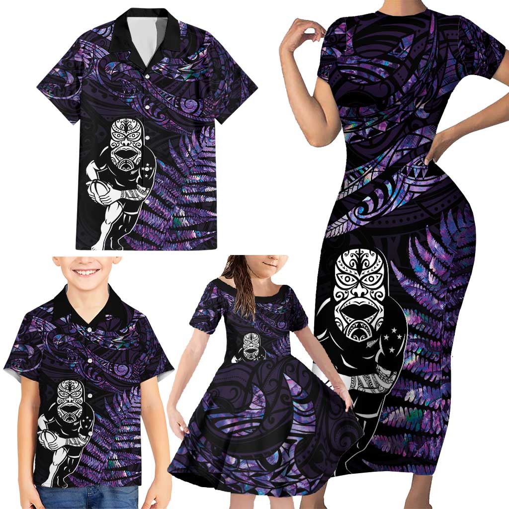 New Zealand Maori Rugby Personalised Family Matching Short Sleeve Bodycon Dress and Hawaiian Shirt Ta Moko Silver Fern - Paua Purple LT7 - Polynesian Pride