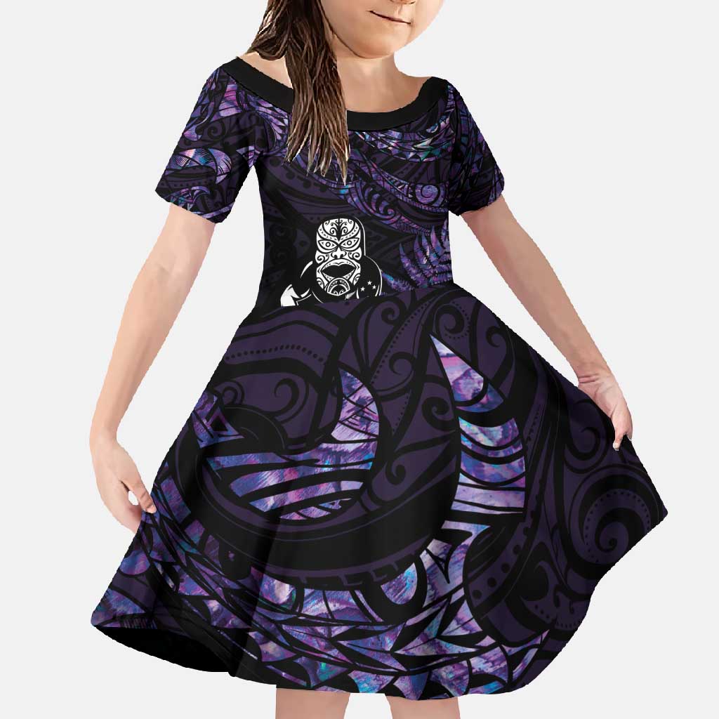 New Zealand Maori Rugby Personalised Family Matching Summer Maxi Dress and Hawaiian Shirt Ta Moko Silver Fern - Paua Purple LT7 Daughter's Dress Purple - Polynesian Pride