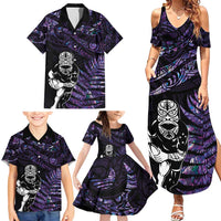 New Zealand Maori Rugby Personalised Family Matching Summer Maxi Dress and Hawaiian Shirt Ta Moko Silver Fern - Paua Purple LT7 - Polynesian Pride