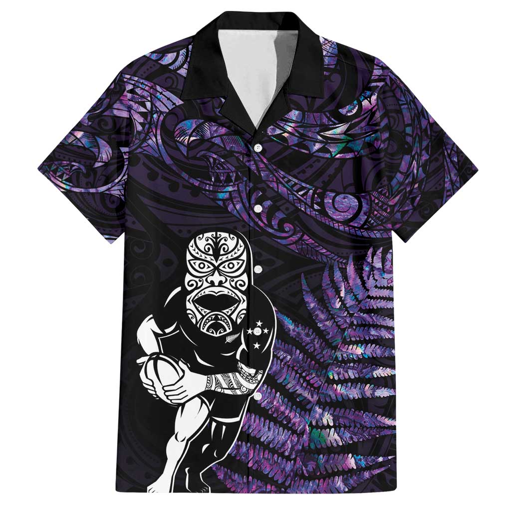 New Zealand Maori Rugby Personalised Family Matching Summer Maxi Dress and Hawaiian Shirt Ta Moko Silver Fern - Paua Purple LT7 Dad's Shirt - Short Sleeve Purple - Polynesian Pride