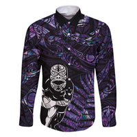 New Zealand Maori Rugby Personalised Family Matching Summer Maxi Dress and Hawaiian Shirt Ta Moko Silver Fern - Paua Purple LT7 Dad's Shirt - Long Sleeve Purple - Polynesian Pride