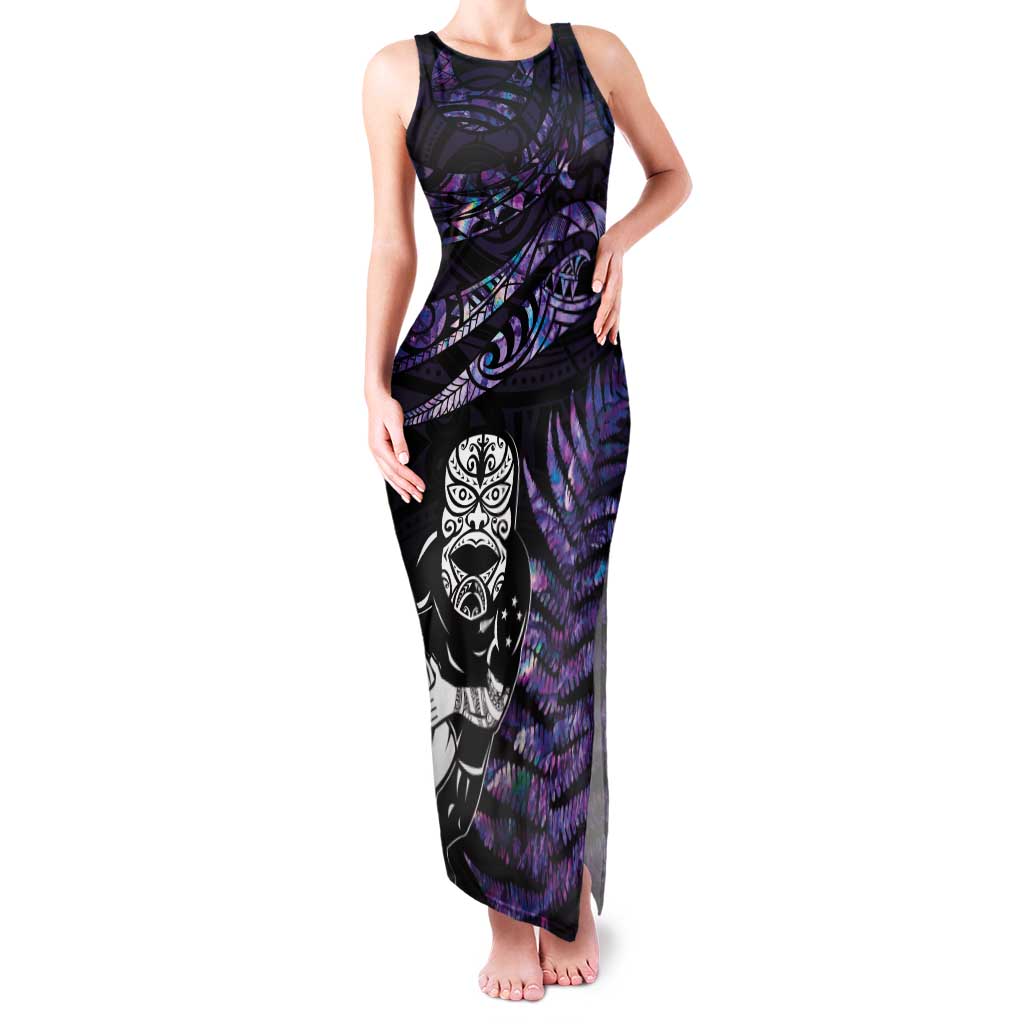 New Zealand Maori Rugby Personalised Family Matching Tank Maxi Dress and Hawaiian Shirt Ta Moko Silver Fern - Paua Purple LT7 Mom's Dress Purple - Polynesian Pride