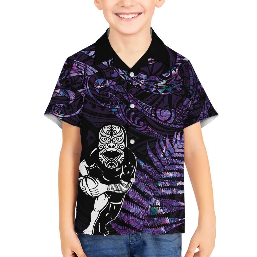 New Zealand Maori Rugby Personalised Family Matching Tank Maxi Dress and Hawaiian Shirt Ta Moko Silver Fern - Paua Purple LT7 Son's Shirt Purple - Polynesian Pride