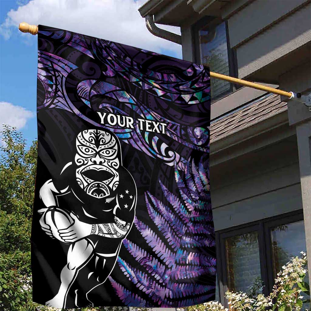 New Zealand Maori Rugby Personalised Garden Flag Ta Moko Silver Fern - Paua Purple LT7 - Polynesian Pride