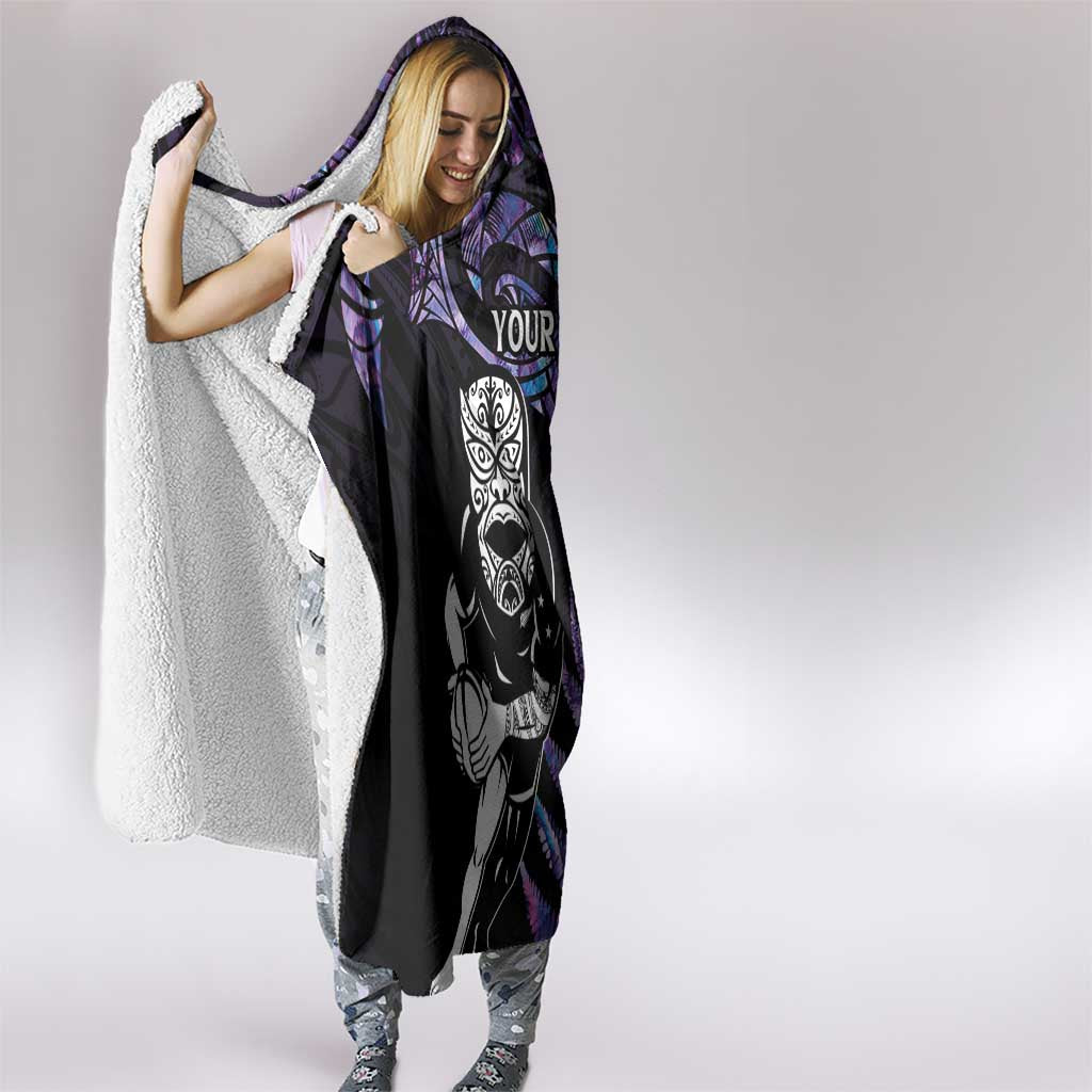 New Zealand Maori Rugby Personalised Hooded Blanket Ta Moko Silver Fern - Paua Purple LT7 - Polynesian Pride