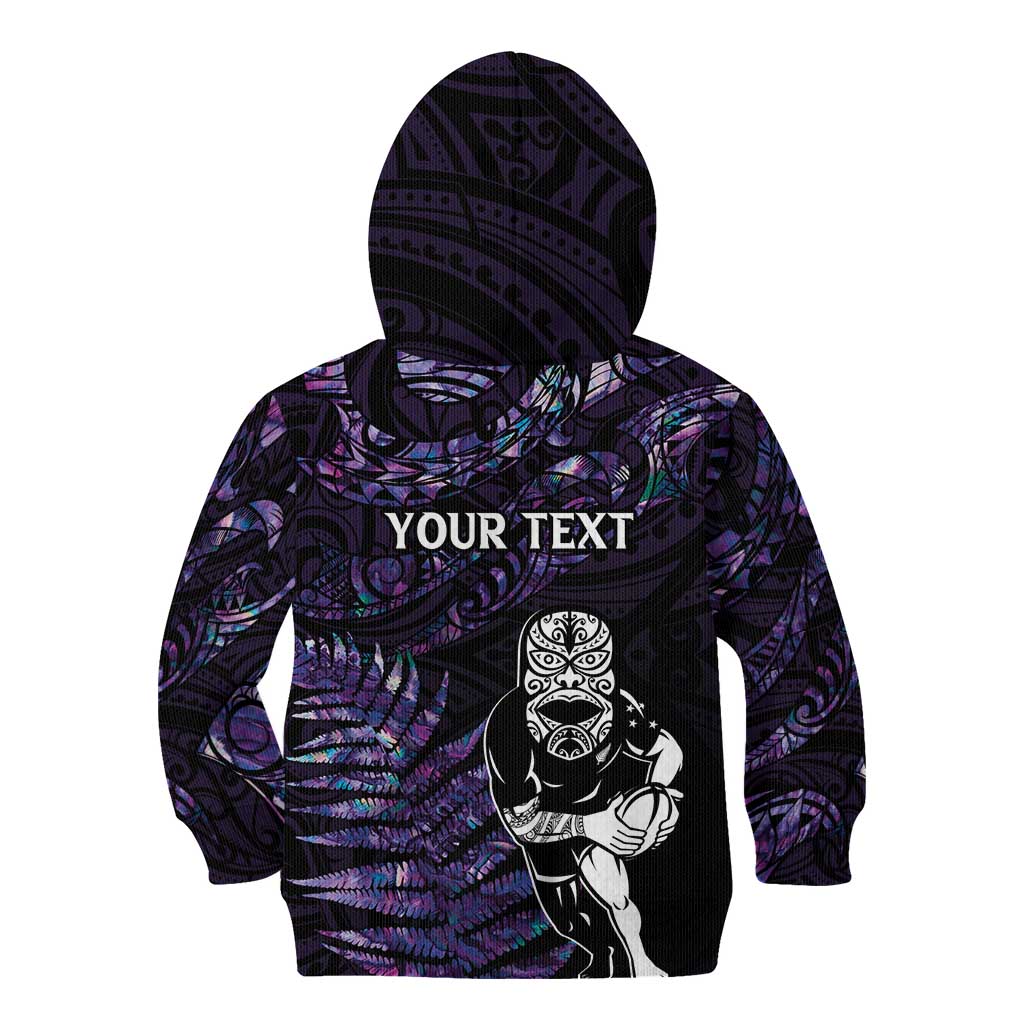 New Zealand Maori Rugby Personalised Kid Hoodie Ta Moko Silver Fern - Paua Purple LT7 - Polynesian Pride