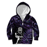 New Zealand Maori Rugby Personalised Kid Hoodie Ta Moko Silver Fern - Paua Purple LT7 Zip Hoodie Purple - Polynesian Pride
