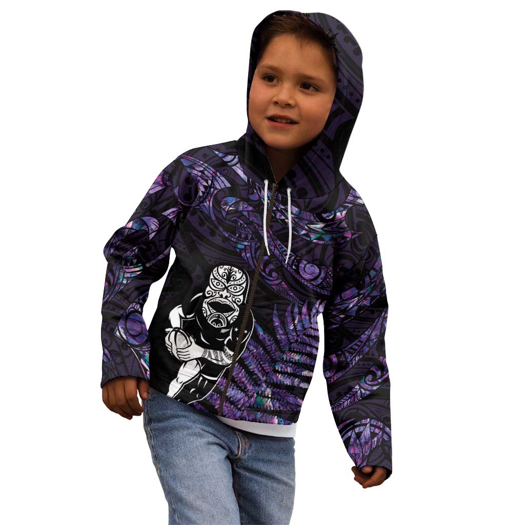 New Zealand Maori Rugby Personalised Kid Hoodie Ta Moko Silver Fern - Paua Purple LT7 - Polynesian Pride