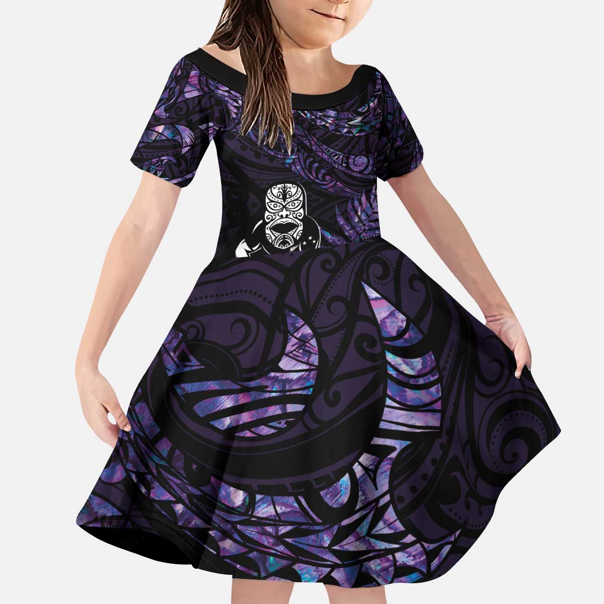 New Zealand Maori Rugby Personalised Kid Short Sleeve Dress Ta Moko Silver Fern - Paua Purple LT7 KID Purple - Polynesian Pride