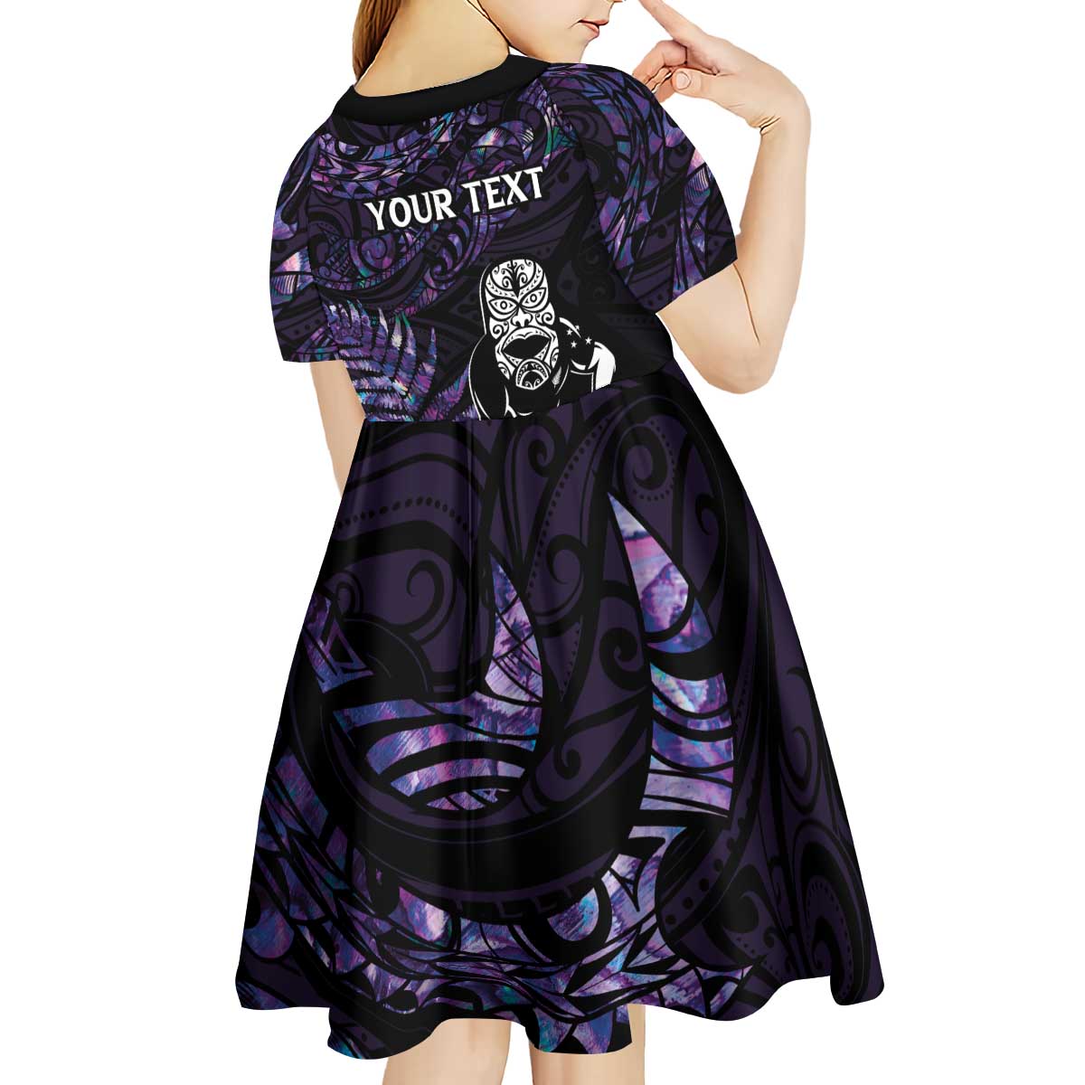 New Zealand Maori Rugby Personalised Kid Short Sleeve Dress Ta Moko Silver Fern - Paua Purple LT7 - Polynesian Pride