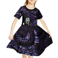 New Zealand Maori Rugby Personalised Kid Short Sleeve Dress Ta Moko Silver Fern - Paua Purple LT7 - Polynesian Pride