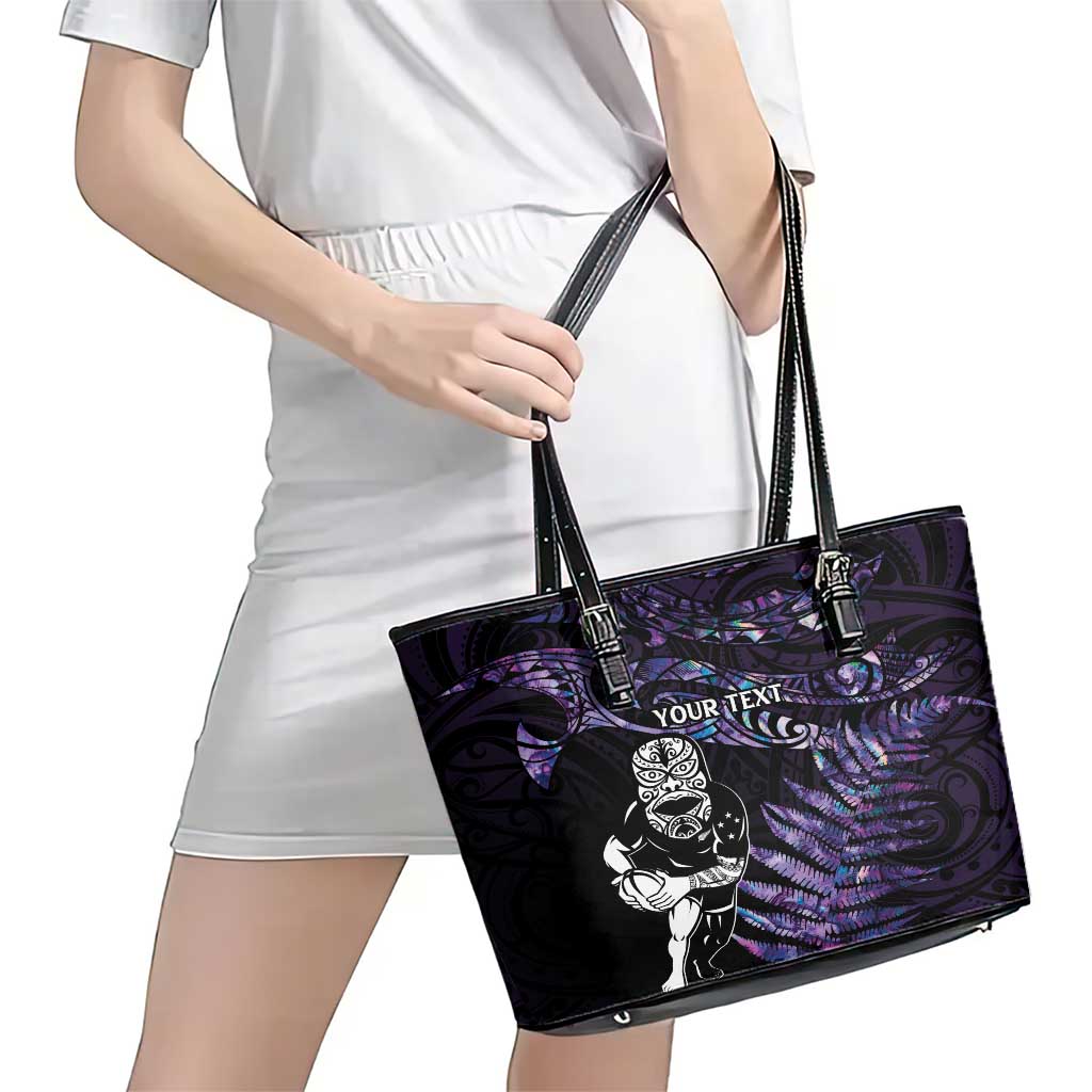 New Zealand Maori Rugby Personalised Leather Tote Bag Ta Moko Silver Fern - Paua Purple LT7 - Polynesian Pride