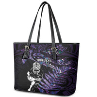 New Zealand Maori Rugby Personalised Leather Tote Bag Ta Moko Silver Fern - Paua Purple LT7 - Polynesian Pride