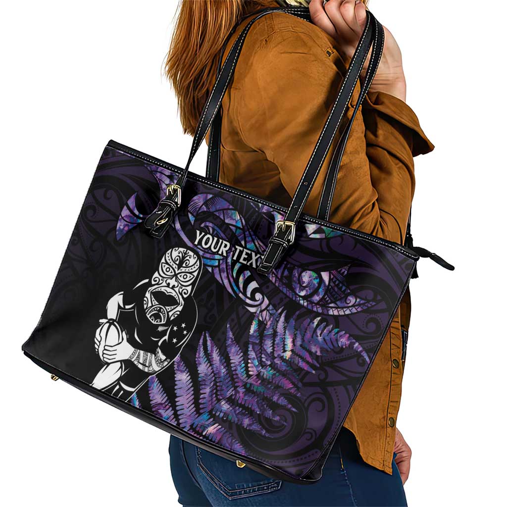 New Zealand Maori Rugby Personalised Leather Tote Bag Ta Moko Silver Fern - Paua Purple LT7 - Polynesian Pride