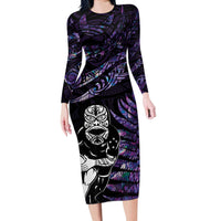 New Zealand Maori Rugby Personalised Long Sleeve Bodycon Dress Ta Moko Silver Fern - Paua Purple LT7 Long Dress Purple - Polynesian Pride