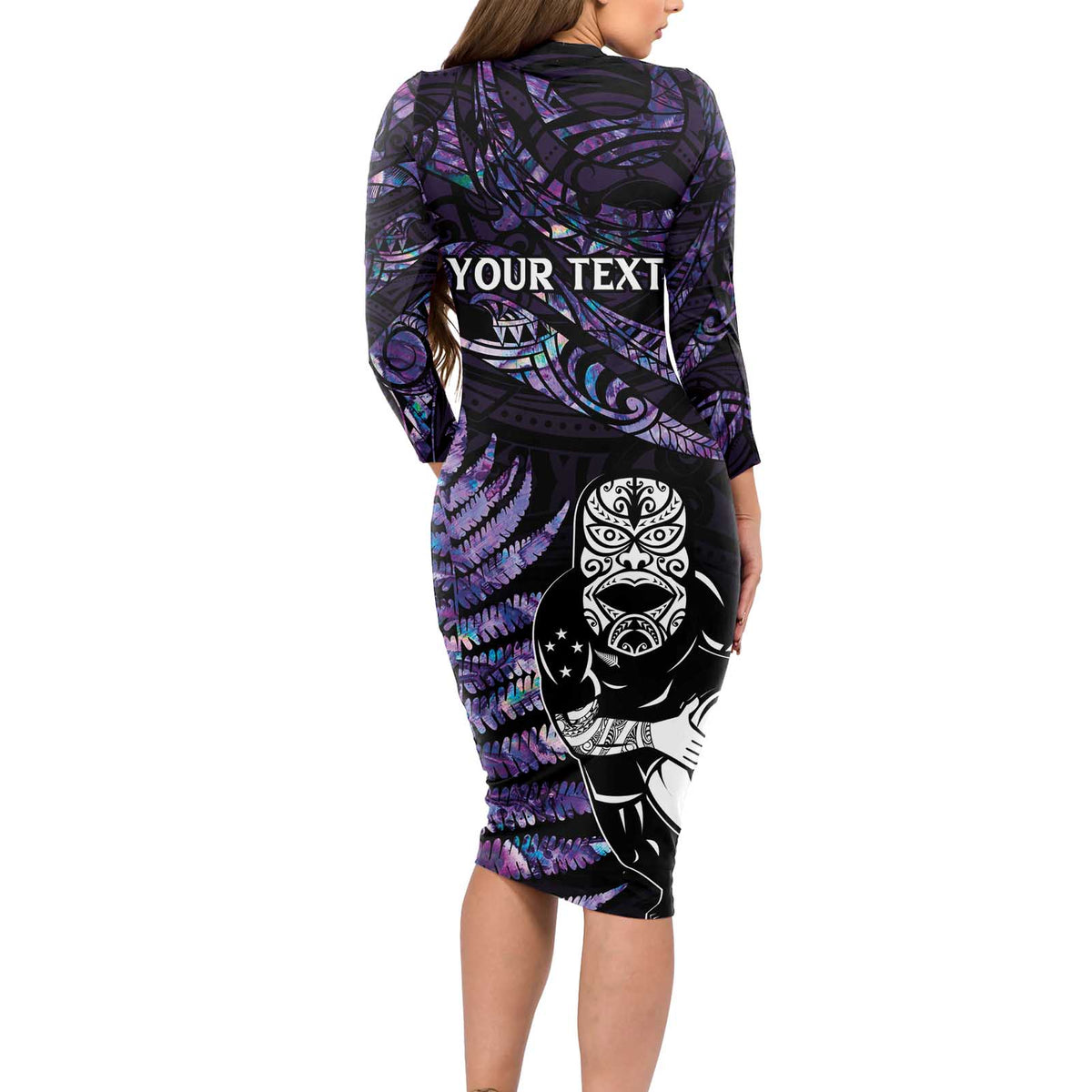 New Zealand Maori Rugby Personalised Long Sleeve Bodycon Dress Ta Moko Silver Fern - Paua Purple LT7 - Polynesian Pride