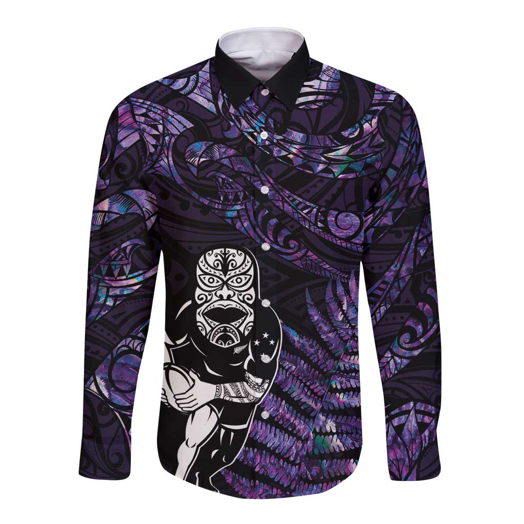 New Zealand Maori Rugby Personalised Long Sleeve Button Shirt Ta Moko Silver Fern - Paua Purple LT7 Unisex Purple - Polynesian Pride