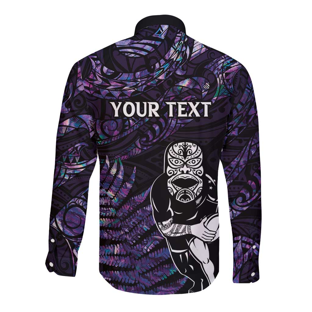 New Zealand Maori Rugby Personalised Long Sleeve Button Shirt Ta Moko Silver Fern - Paua Purple LT7 - Polynesian Pride