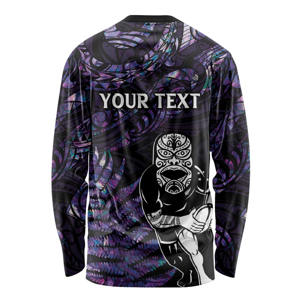 New Zealand Maori Rugby Personalised Long Sleeve Shirt Ta Moko Silver Fern - Paua Purple LT7 - Polynesian Pride