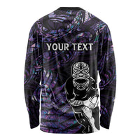 New Zealand Maori Rugby Personalised Long Sleeve Shirt Ta Moko Silver Fern - Paua Purple LT7 - Polynesian Pride