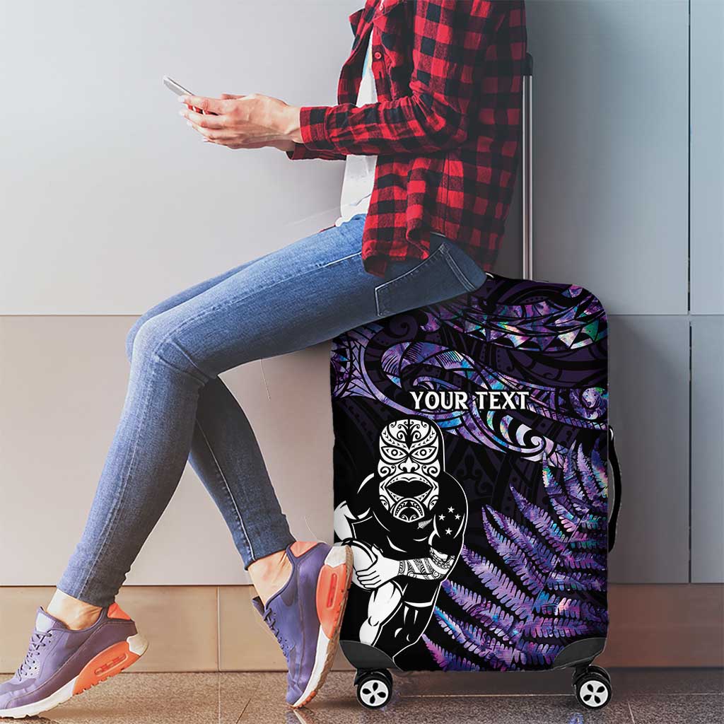 New Zealand Maori Rugby Personalised Luggage Cover Ta Moko Silver Fern - Paua Purple LT7 - Polynesian Pride